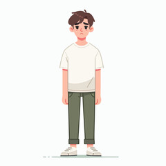 flat design illustration of a young man standing full body with a gloomy, sad, anxious facial expression
