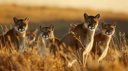 Fotobehang Puma family in the savanna with setting sun shining. Group of wild animals in nature. © linda_vostrovska
