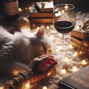A white lazy cat in sunglasses sleeps near a book generative ai