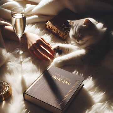 A white lazy cat in sunglasses sleeps near a book generative ai