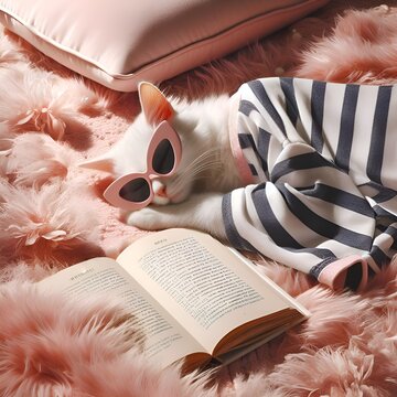 A white lazy cat in sunglasses sleeps on a open book