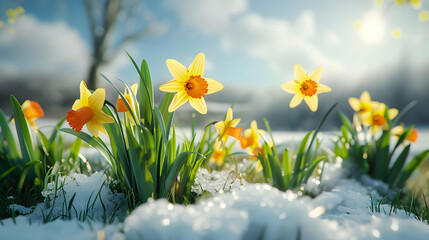 Colorful daffodil flowers and grass growing from the melting snow and sunshine in the background. Concept of spring coming and winter leaving. - 745700152