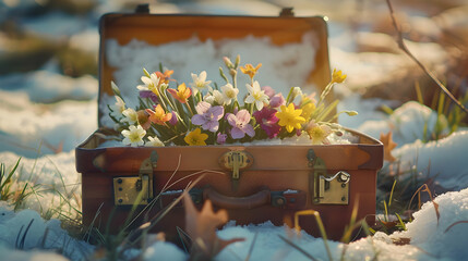 Vintage suitcase with spring flowers and hoarfrost lying on the snowy surface. Concept of spring coming.