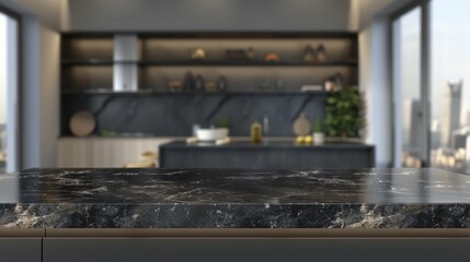 Modern black marble tabletop against blurry kitchen background, ideal for product displays