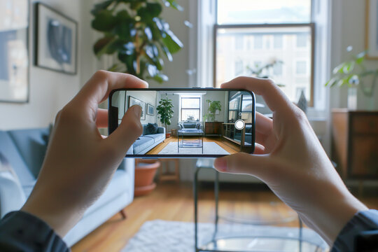 Hands holding phone taking photo of a stylish interior