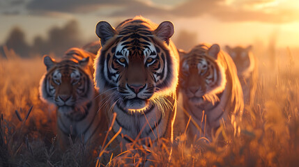 Tiger family in the savanna with setting sun shining. Group of wild animals in nature.