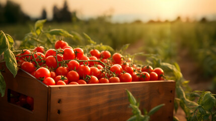 Cherry tomatoes harvested in a wooden box with field and sunset in the background. Natural organic fruit abundance. Agriculture, healthy and natural food concept. Horizontal composition.