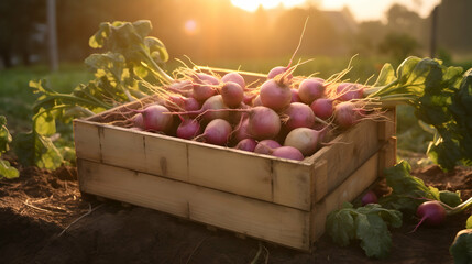 Turnips harvested in a wooden box with field and sunset in the background. Natural organic fruit abundance. Agriculture, healthy and natural food concept. Horizontal composition.