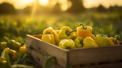 Peppers harvested in a wooden box with field and sunset in the background. Natural organic fruit abundance. Agriculture, healthy and natural food concept. Horizontal composition.