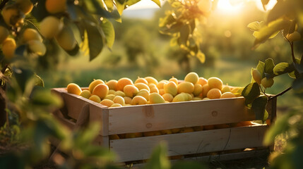 Yellow plums harvested in a wooden box with orchard and sunset in the background. Natural organic fruit abundance. Agriculture, healthy and natural food concept. Horizontal composition.