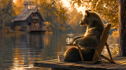 Funny brown bear animal resting and relaxing, drinking coffee from the white cup or mug on the...