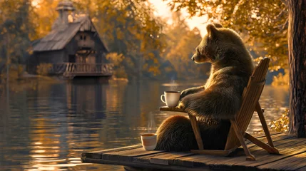 Foto op Canvas Funny brown bear animal resting and relaxing, drinking coffee from the white cup or mug on the wooden deck, he is sitting on a wooden chair near the lake water, outdoors enjoyment for animal, sunny © Nemanja