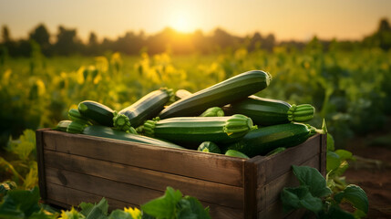 Zucchini harvested in a wooden box with field and sunset in the background. Natural organic fruit abundance. Agriculture, healthy and natural food concept. Horizontal composition.