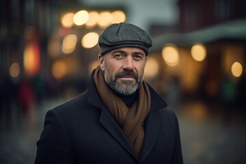 Portrait of a bearded man in a hat and scarf on the street