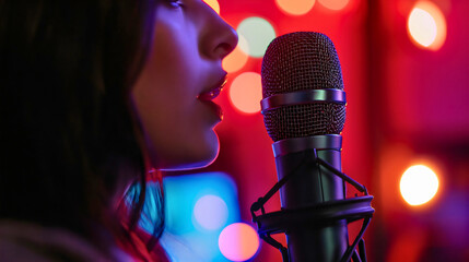 Closeup of a beautiful young woman near the microphone device. Live singing performance, female...