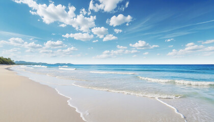 Fototapeta na wymiar Watercolor landscape of blue sky, sea and white sandy beach