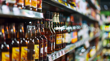 Rows of alcohol bottles on shelf in supermarket - obrazy, fototapety, plakaty