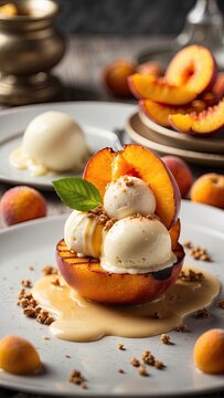 A realistic food photograph featuring a Grilled peach with vanilla ice cream crafted in molecular kitchen style, digital art