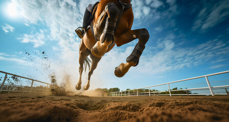 Closeup of a brown equestrian horse showjumping, jumping over the hurdle obstacle barrier with the rider on his back. Competition sport or training outdoors, stallion contest - obrazy, fototapety, plakaty