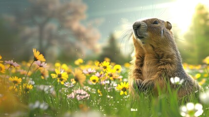 Marmot against the backdrop of nature. Spring background with lush grass and blooming wildflowers.