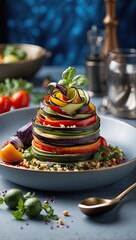 food photograph featuring ratatouille crafted in molecular kitchen style, digital art