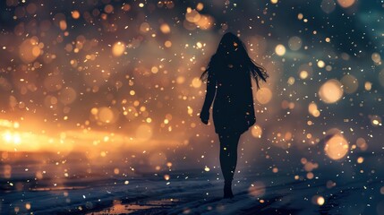 The silhouette of a woman standing alone amidst falling snow, walking away, evoking a romantic yet lonely and dramatic moment, conveying feelings of romance or a broken heart