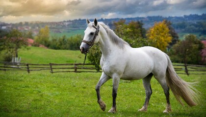 Obraz na płótnie Canvas A beautiful white horse on the the green grass, farm,