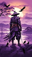 samurai, sword, sunset, very detailed, purple and shadow, crows, no face, digital art