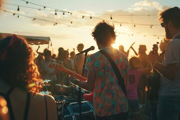 Guitarist in patterned shirt playing at outdoor event with people and string lights at dusk