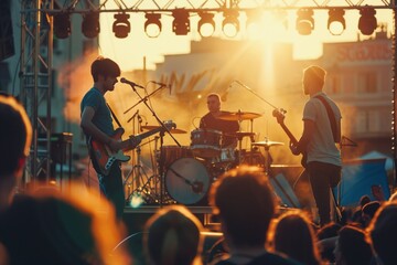 Band plays on stage at sunset with crowd in foreground and cityscape behind
