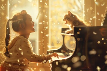 A young girl and a fluffy kitten sitting at a grand piano, both joyfully singing into the air, in a...