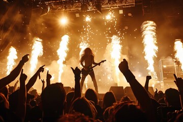 Fototapeta na wymiar Silhouette of a long-haired guitarist on stage with pyrotechnics and an excited audience raising hands