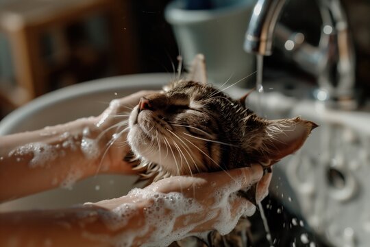 Serene Cat Enjoying a Soapy Bath in a Sink - A Perfect Image for Pet Care and Grooming Services