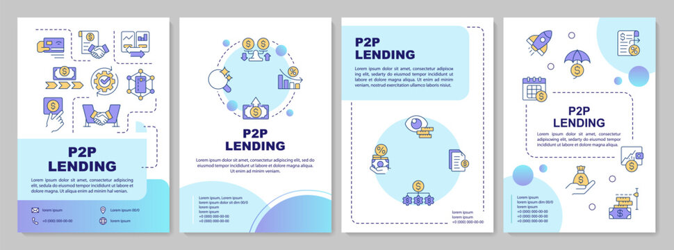 P2P lending blue circle brochure template. Alternative lending. Leaflet design with linear icons. Editable 4 vector layouts for presentation, annual reports. Arial-Black, Myriad Pro-Regular fonts used