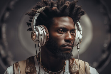 Junger schwarzer Mann trägt stylische Kopfhörer, Mann hört Musik, Fashion Hintergrund - obrazy, fototapety, plakaty