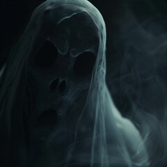 Haunting Close-Up of a Spectral Ghost Face Emerging from the Shadows: Horror and Fear Concept with a Spooky Presence