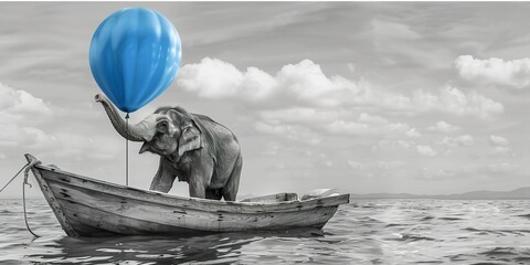 monochrome canvas illustration of an elephant in boat, with a blue balloon