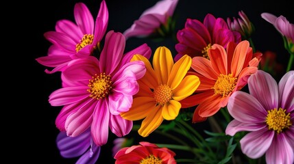 A bouquet of beautiful flowers, isolated on a black background. It's a beautiful gift, it smells good and it even looks nice in the apartment. Generative AI