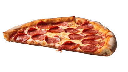 A slice of freshly baked pepperoni pizza on a solid white background.
