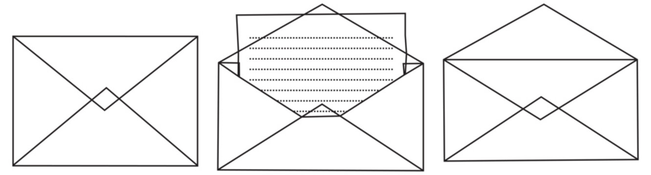 Envelope icon set. Mail icons set. Set of envelopes icons with a picture of a closed letter. Delivery of correspondence or office documents. Paper document enclosed in an envelope.