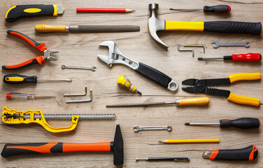 A set of hand tools on a wooden background. The concept of repair work. Copy space