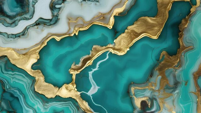 Turquoise golden liquid agate design. Stone texture. Animated luxurious background. Fluid art. 25fps