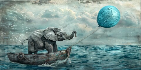 monochrome canvas illustration of an elephant in boat, with a blue balloon - obrazy, fototapety, plakaty