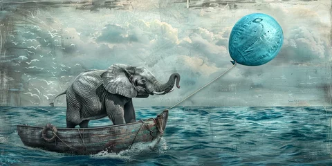 Foto op Aluminium monochrome canvas illustration of an elephant in boat, with a blue balloon © Pter