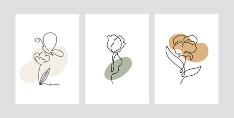 Line art minimalistic floral poster collection. Vector design in pastel colors.