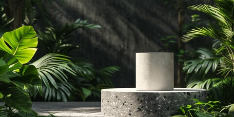 Background of lush greenery complements a natural stone and concrete podium