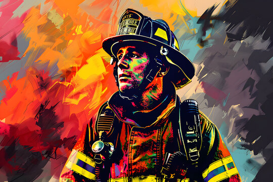 Portrait of firefighter or fireman in abstract mixed grunge colors vector art style. Colorful pop art digital painting. 