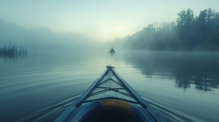 Peaceful Morning Kayak Adventure on a Misty Lake with Lush Forest Background - obrazy, fototapety, plakaty