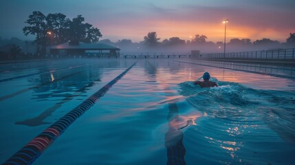 Early Morning Swim Training in Outdoor Pool with Fog and Sunrise