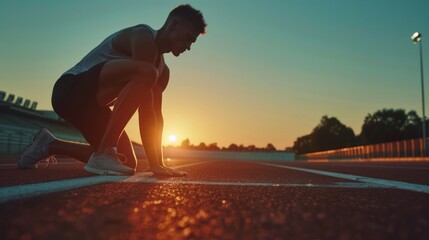 Determined Athlete in Starting Position on Track Field at Sunset - Fitness, Competition, and Healthy Lifestyle Concept